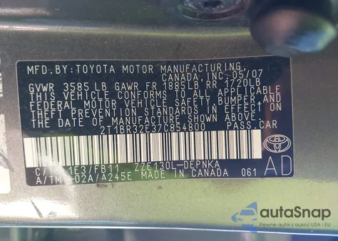 2007 Toyota Corolla Le z USA, uszkodzony, nr VIN 2T1BR32E37C854800